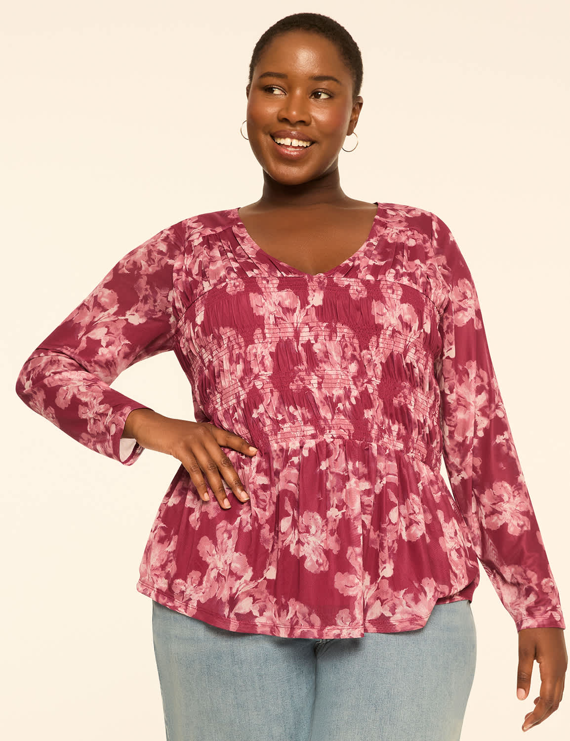 Long-Sleeve Smocked-Bodice Peplum Top