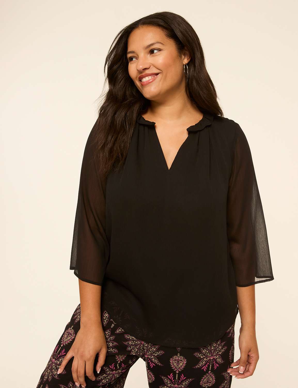 3/4-Sleeve Ruffle Split-Neck Popover Blouse
