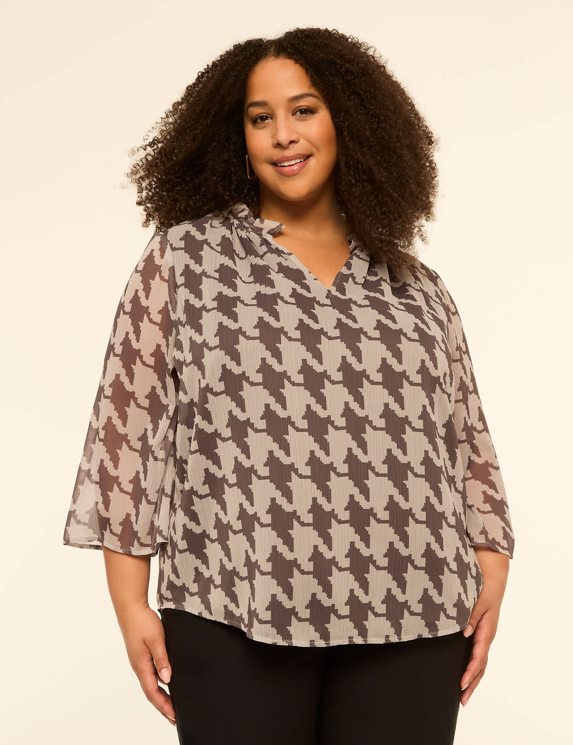 3/4-Sleeve Ruffle Split-Neck Popover Blouse