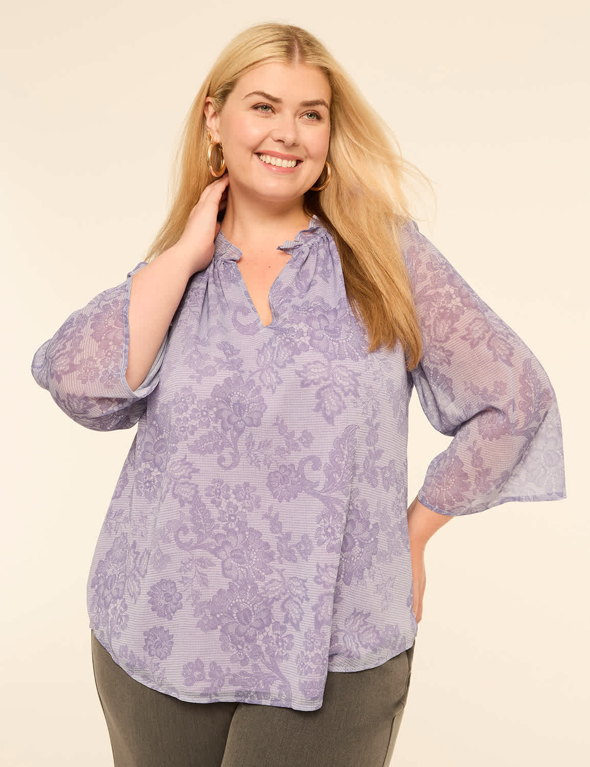 3/4-Sleeve Ruffle Split-Neck Popover Blouse