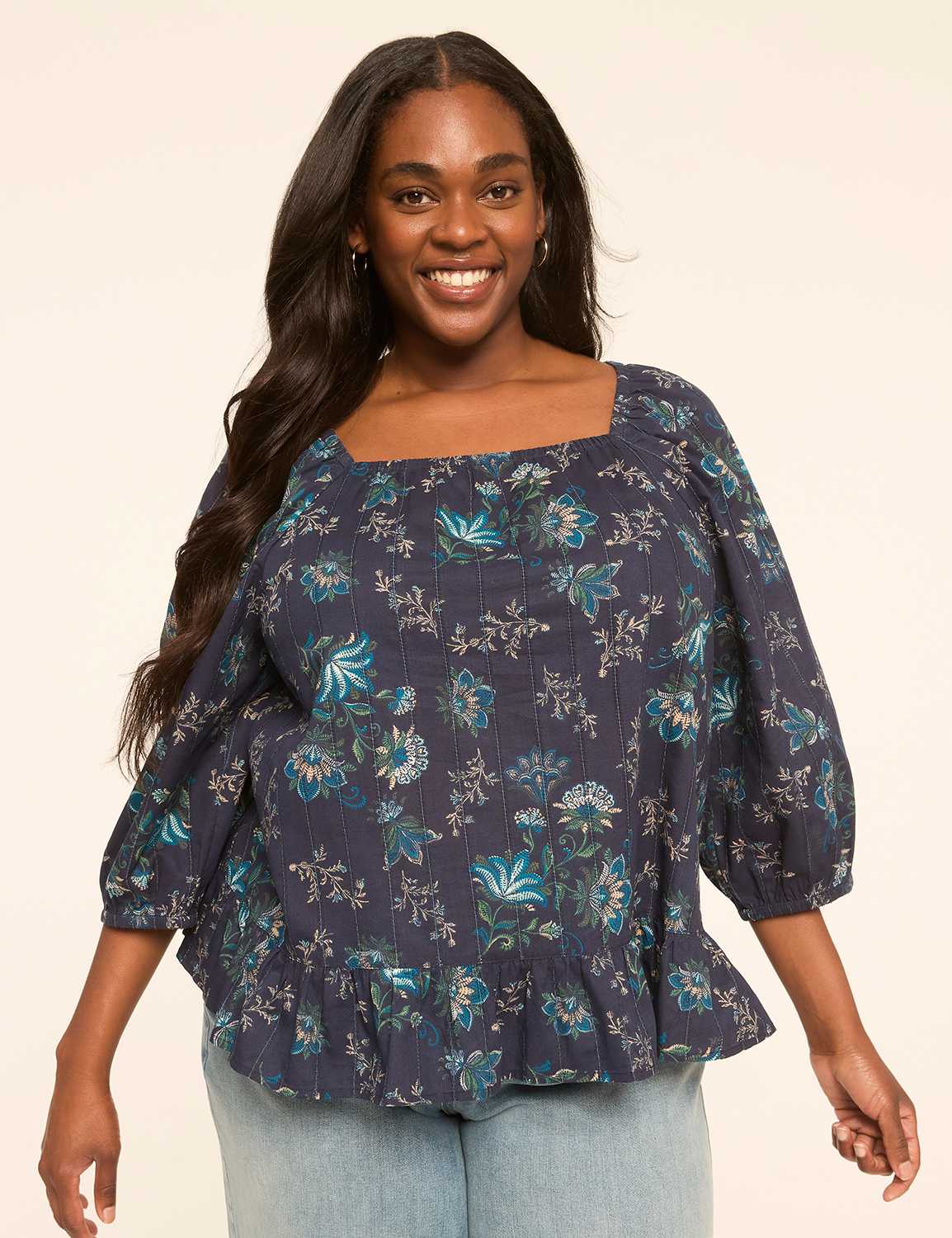 3/4-Sleeve Square-Neck Blouse