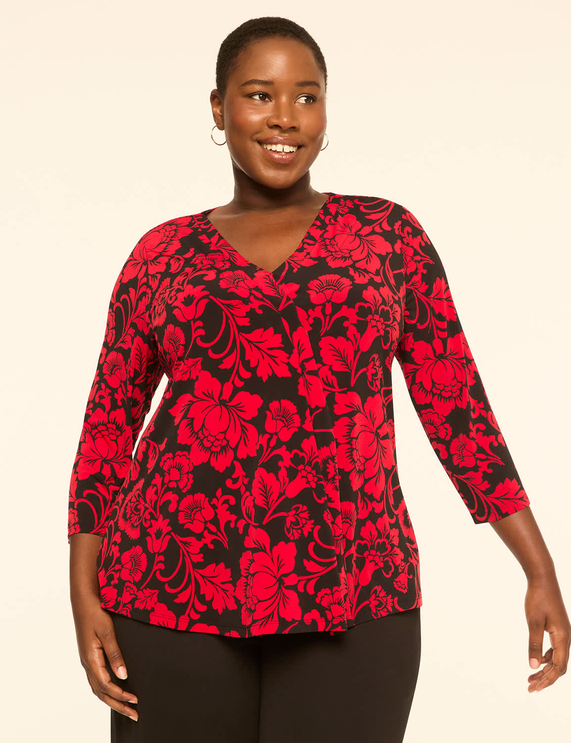 Swing 3/4-Sleeve Pleat-Front Top