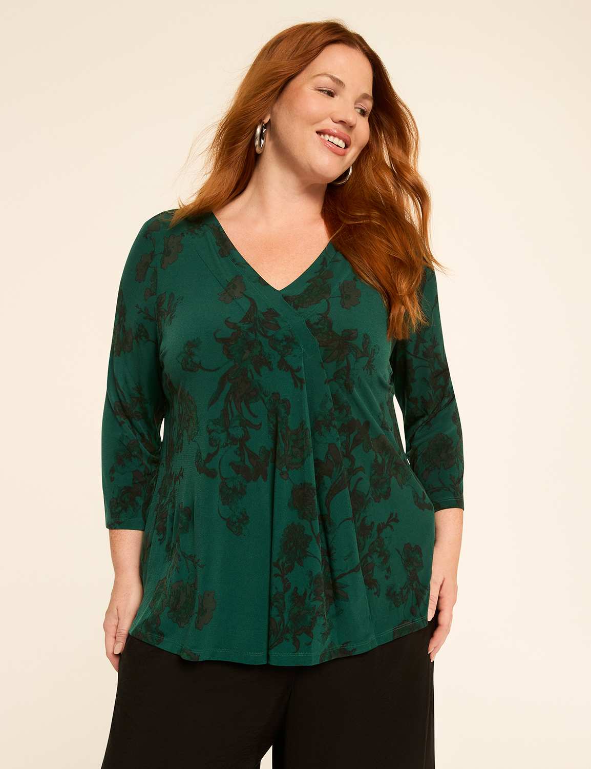 Swing 3/4-Sleeve Pleat-Front Top