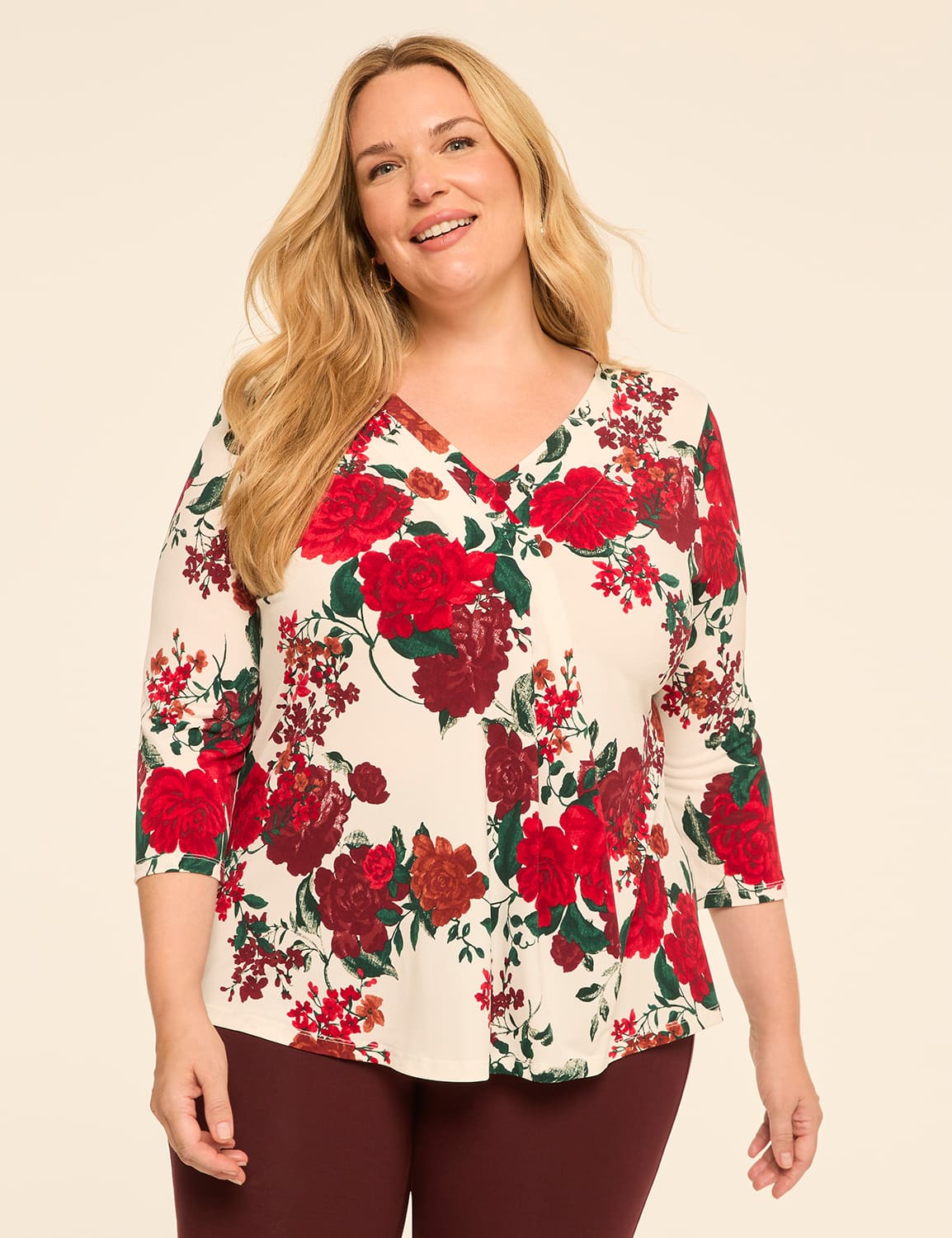 Swing 3/4-Sleeve Pleat-Front Top