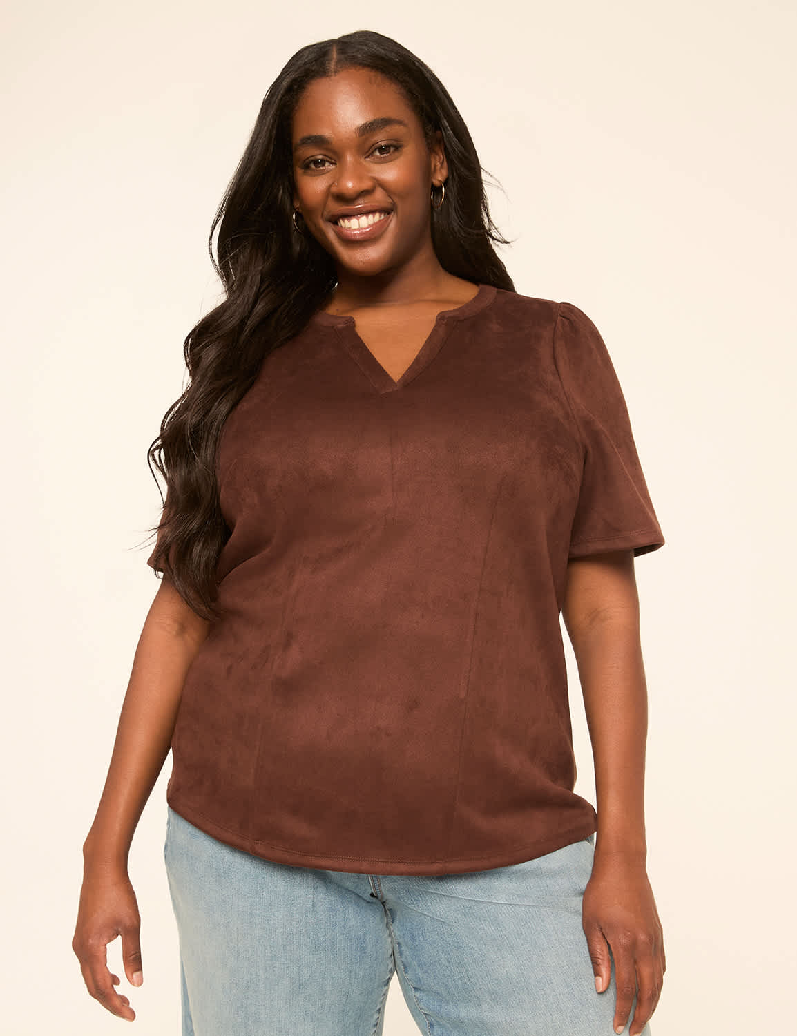 Faux-Suede Notch-Neck Top