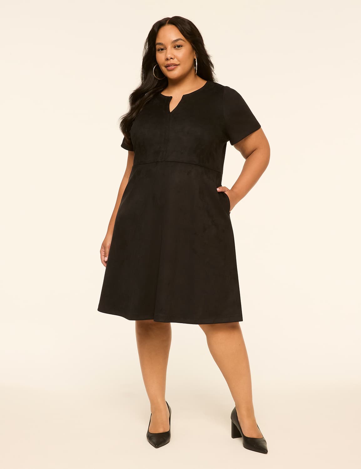 Faux-Suede Notch-Neck Short Dress