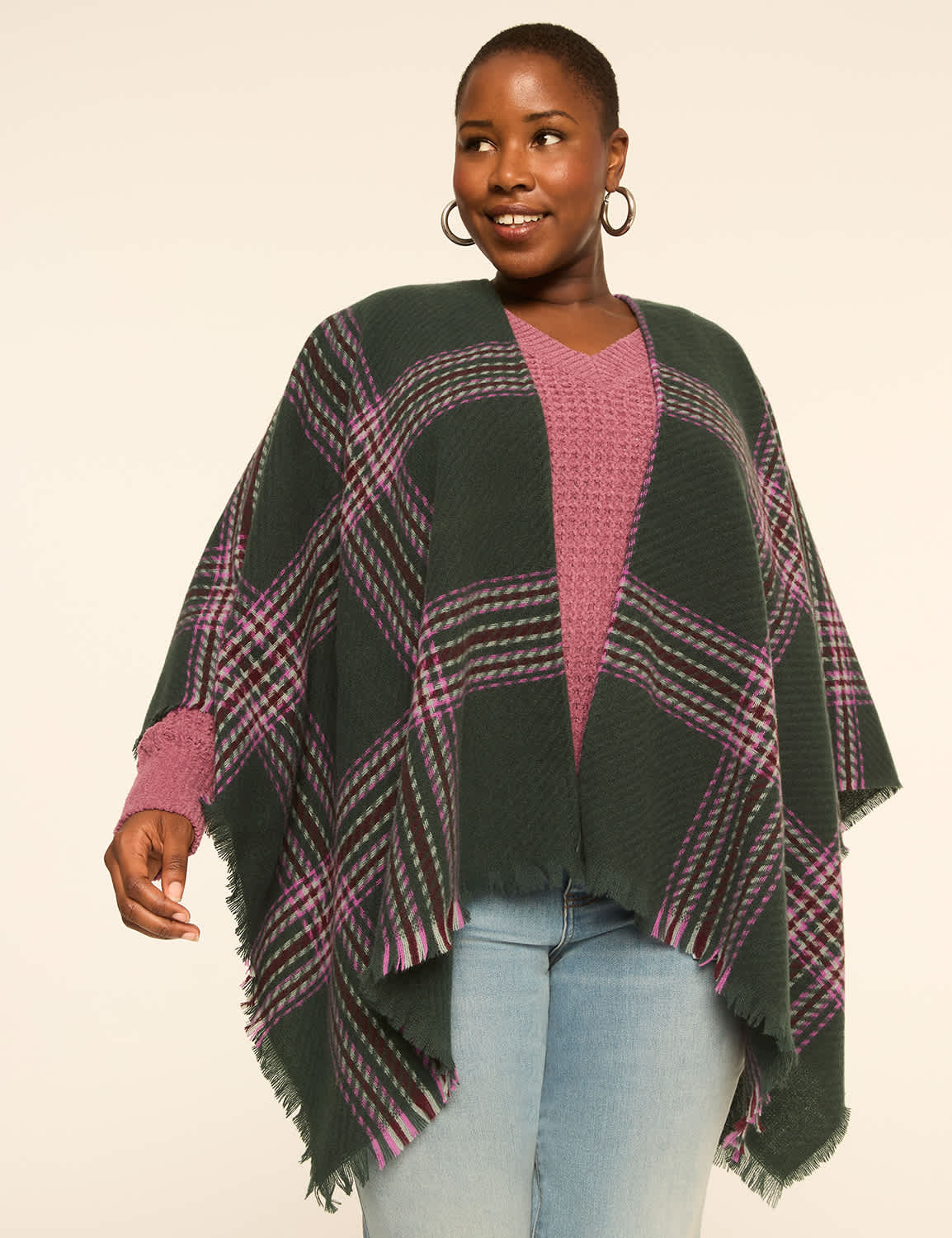 Plaid Fringe Wrap Overpiece