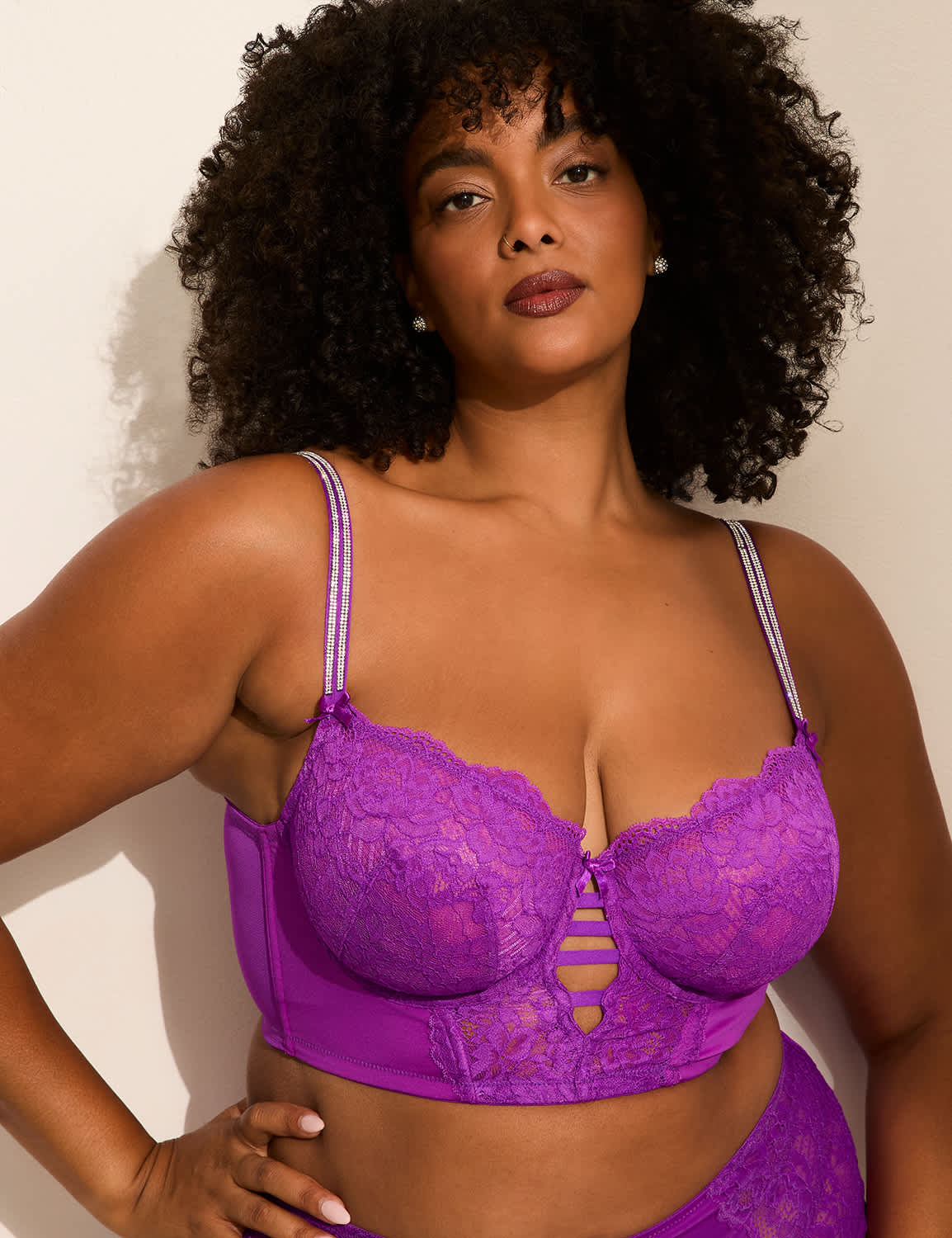 Rhinestone-Strap Lace Unlined Longline Balconette Bra