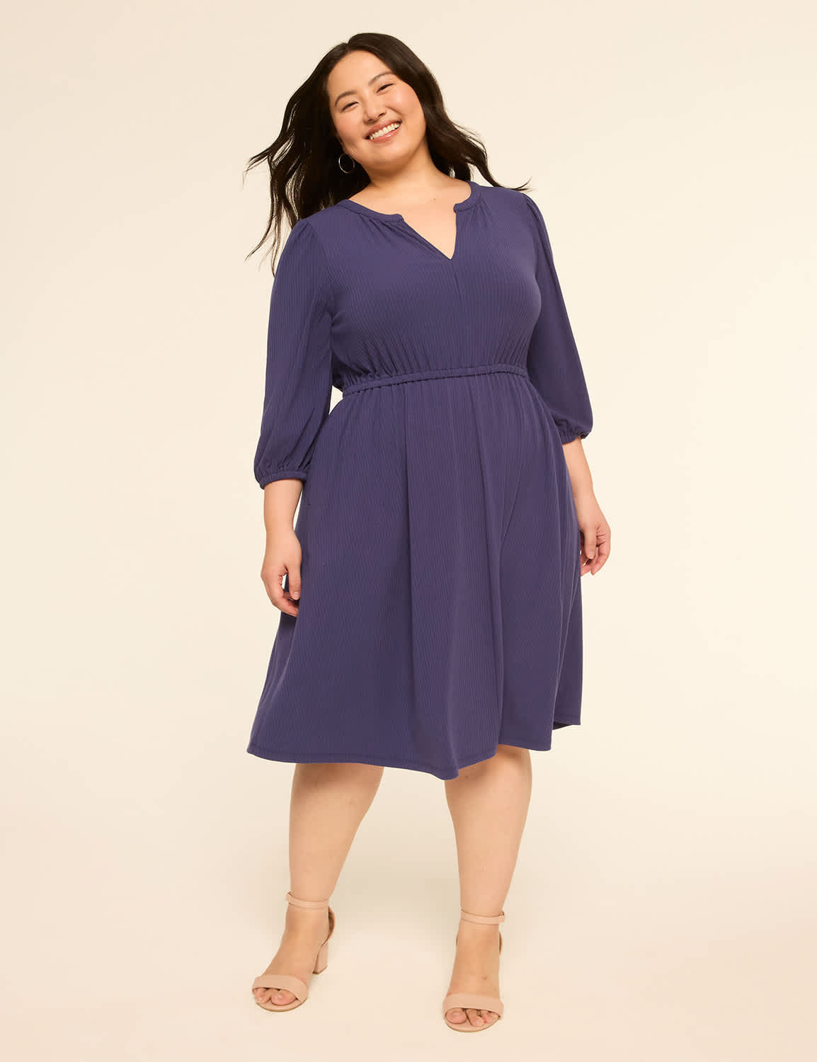 3/4-Sleeve Split-Neck Dress