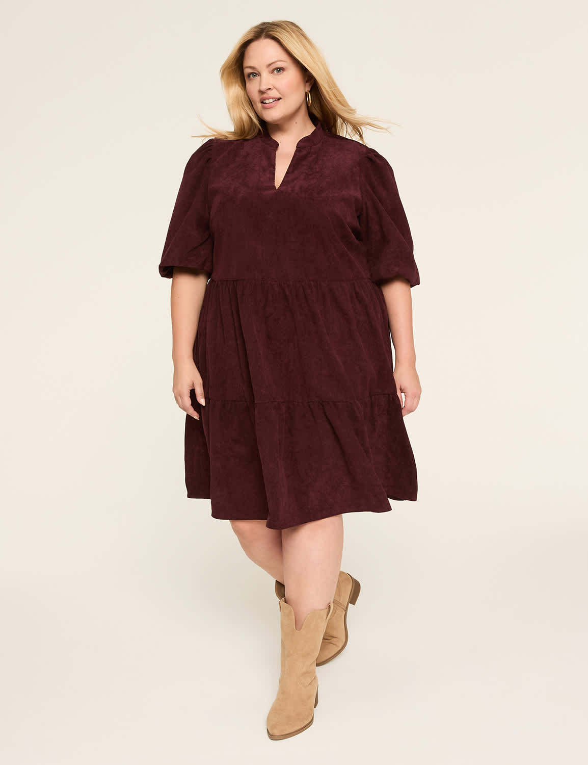 3/4-Sleeve Notch-Neck Corduroy Dress