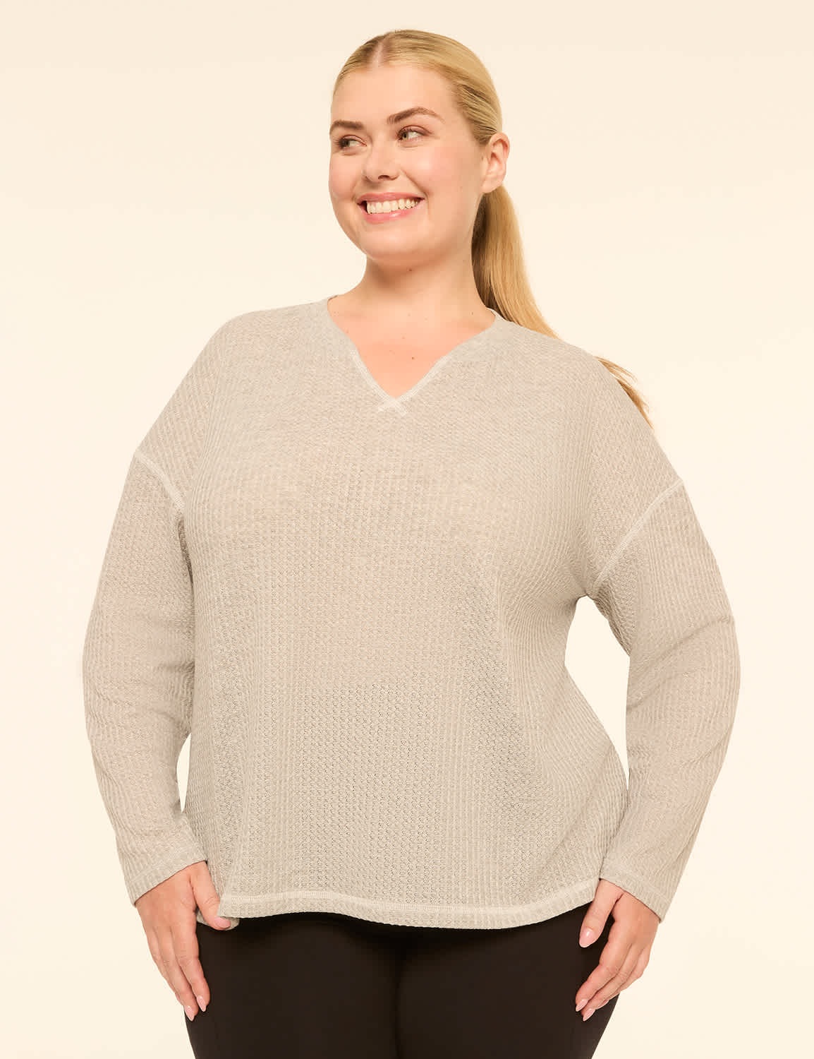 LIVI Notch-Neck Waffle Knit Top