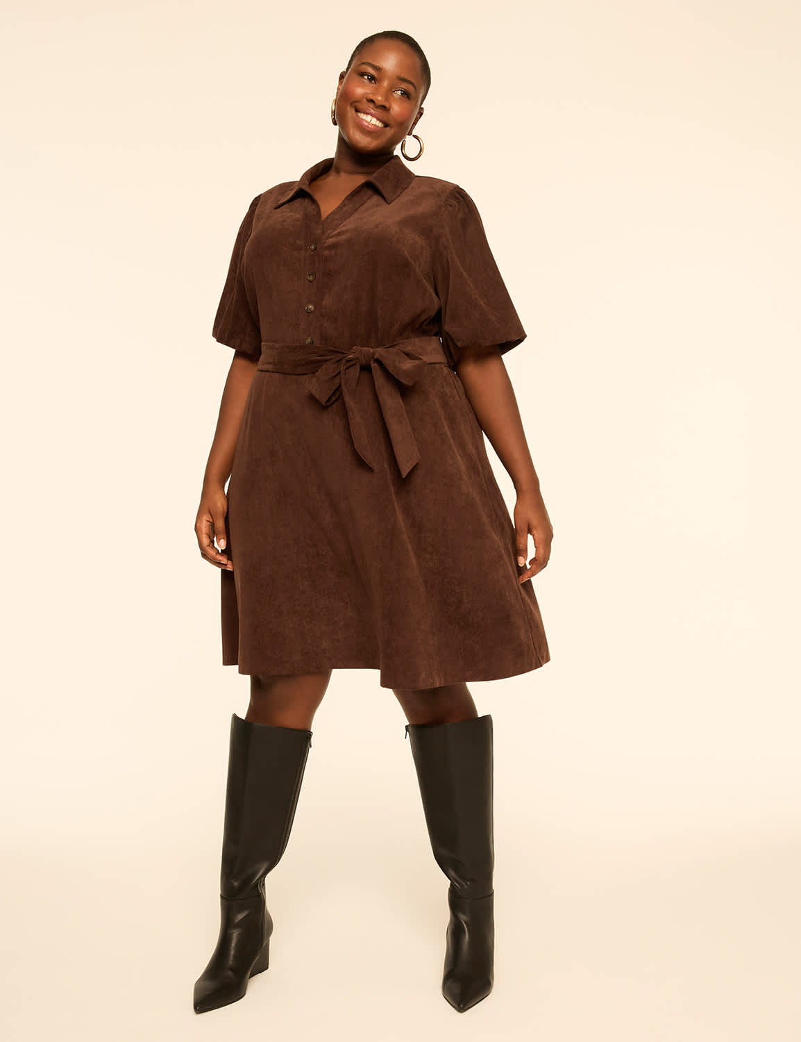 Tie-Waist Corduroy Shirt Dress