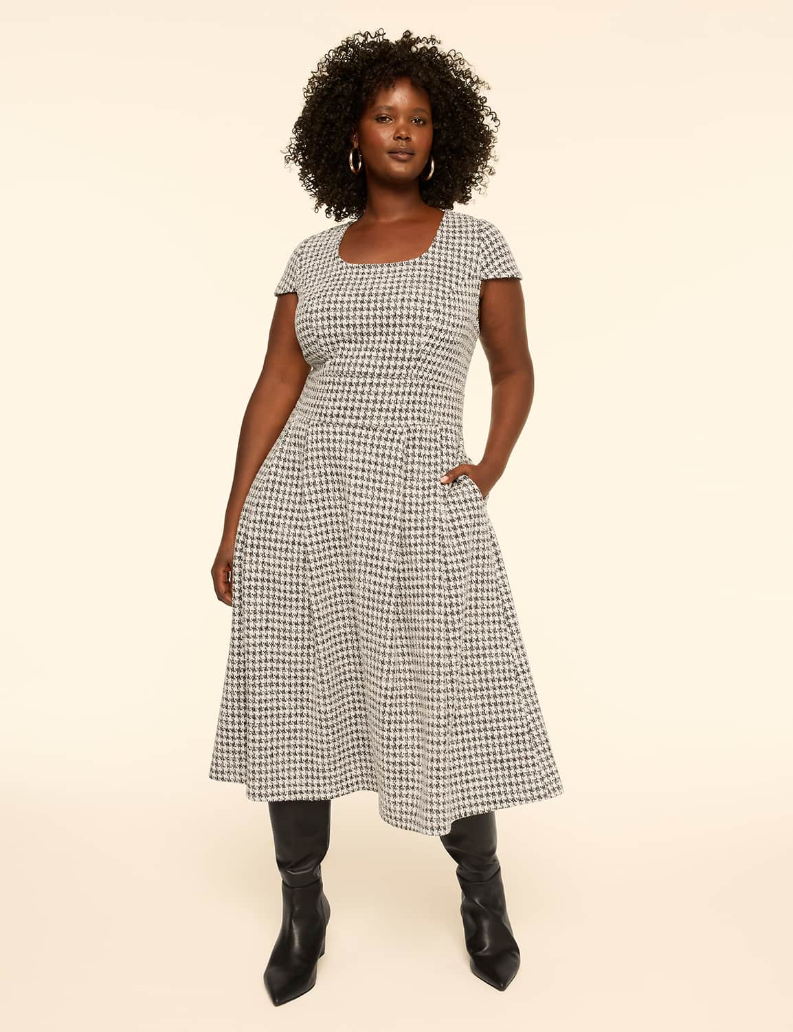 Houndstooth Square-Neck Midi Dress