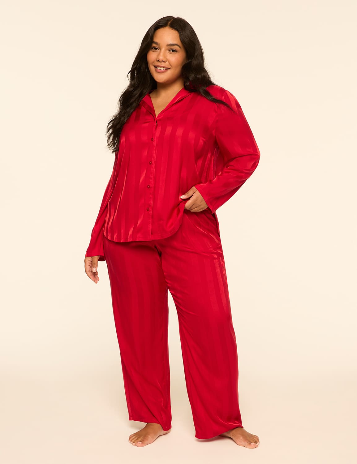 Satin Stripe Notch-Collar Top & Pant PJ Set