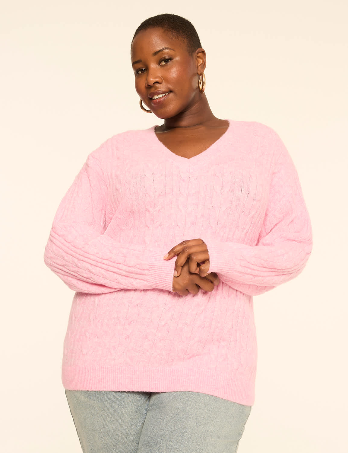 V-Neck Cable Knit Pullover Sweater
