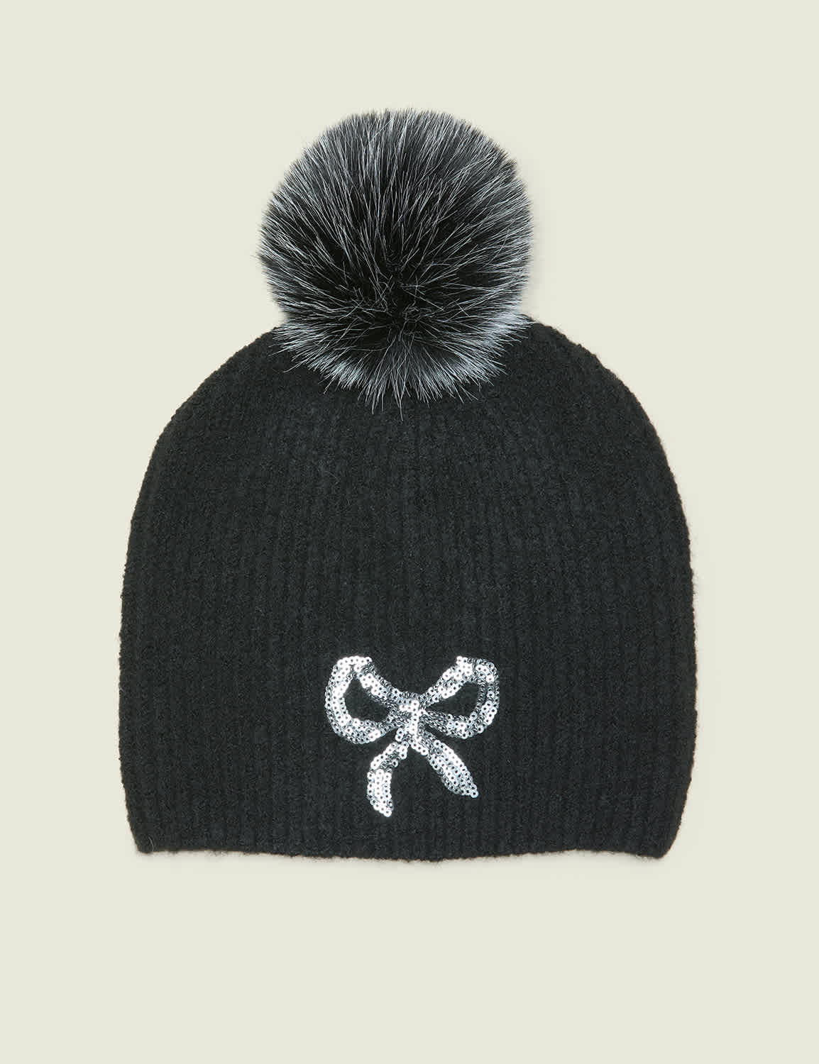 Sequin Bow Pom-Pom Beanie Hat