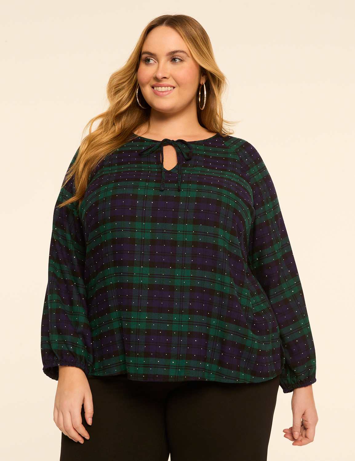 Embellished Plaid Tie-Neck Popover Top