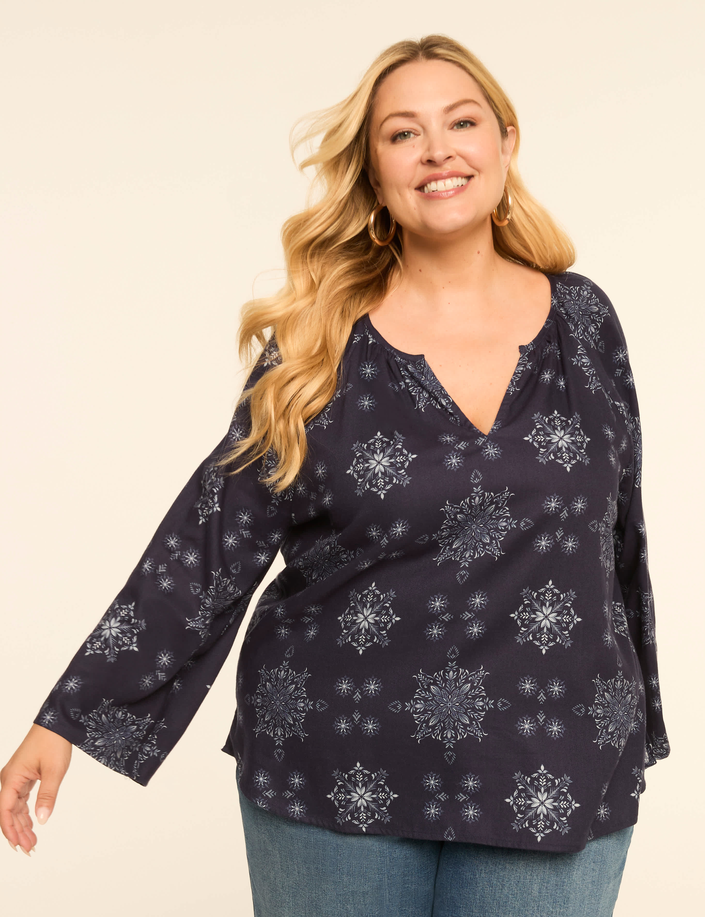 Bracelet-Sleeve Notch-Neck Blouse