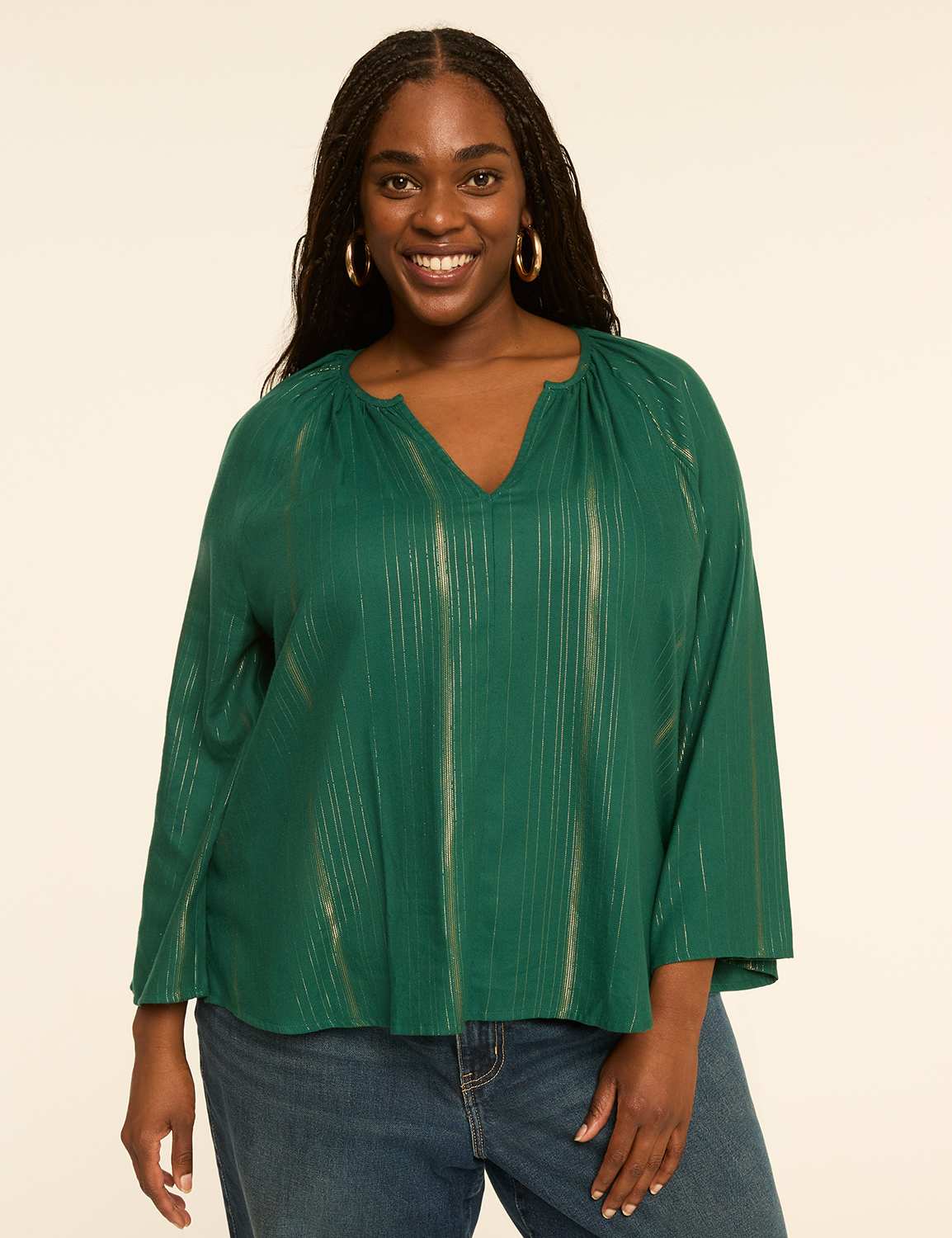 Shimmer Bracelet-Sleeve Notch-Neck Blouse