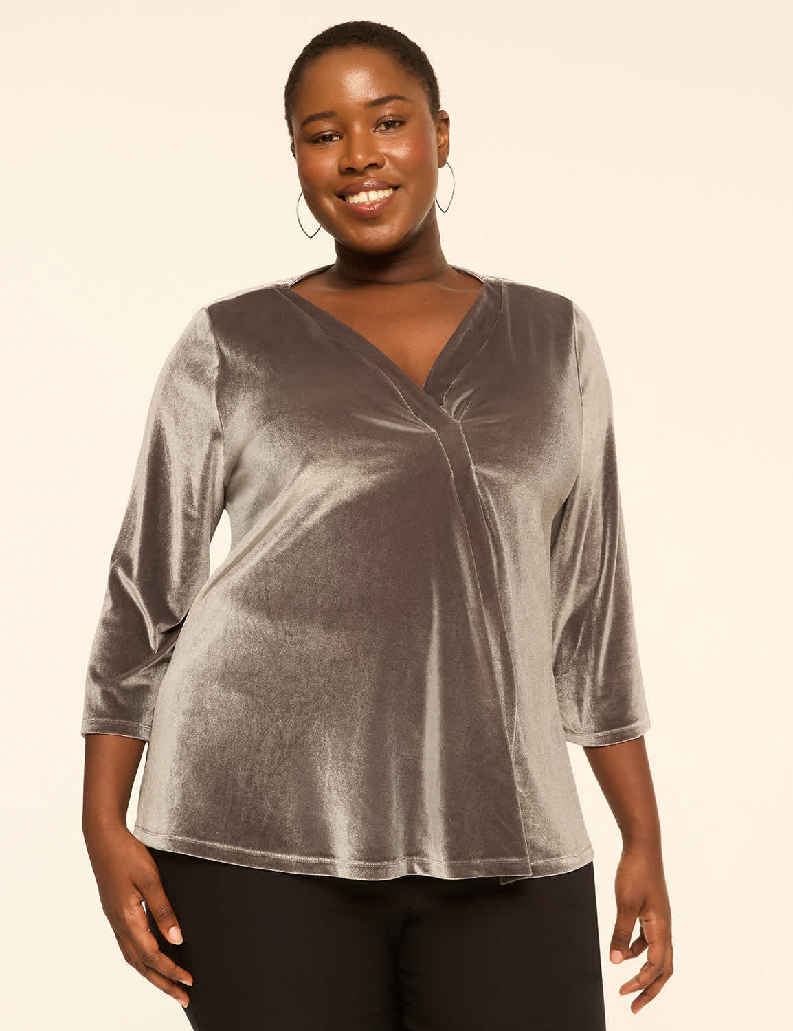 Velvet Swing 3/4-Sleeve Pleat-Front Top