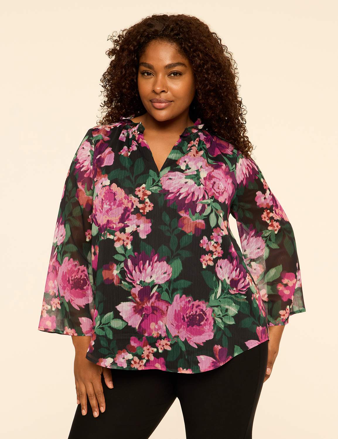 Bracelet-Sleeve Split-Neck Popover Top