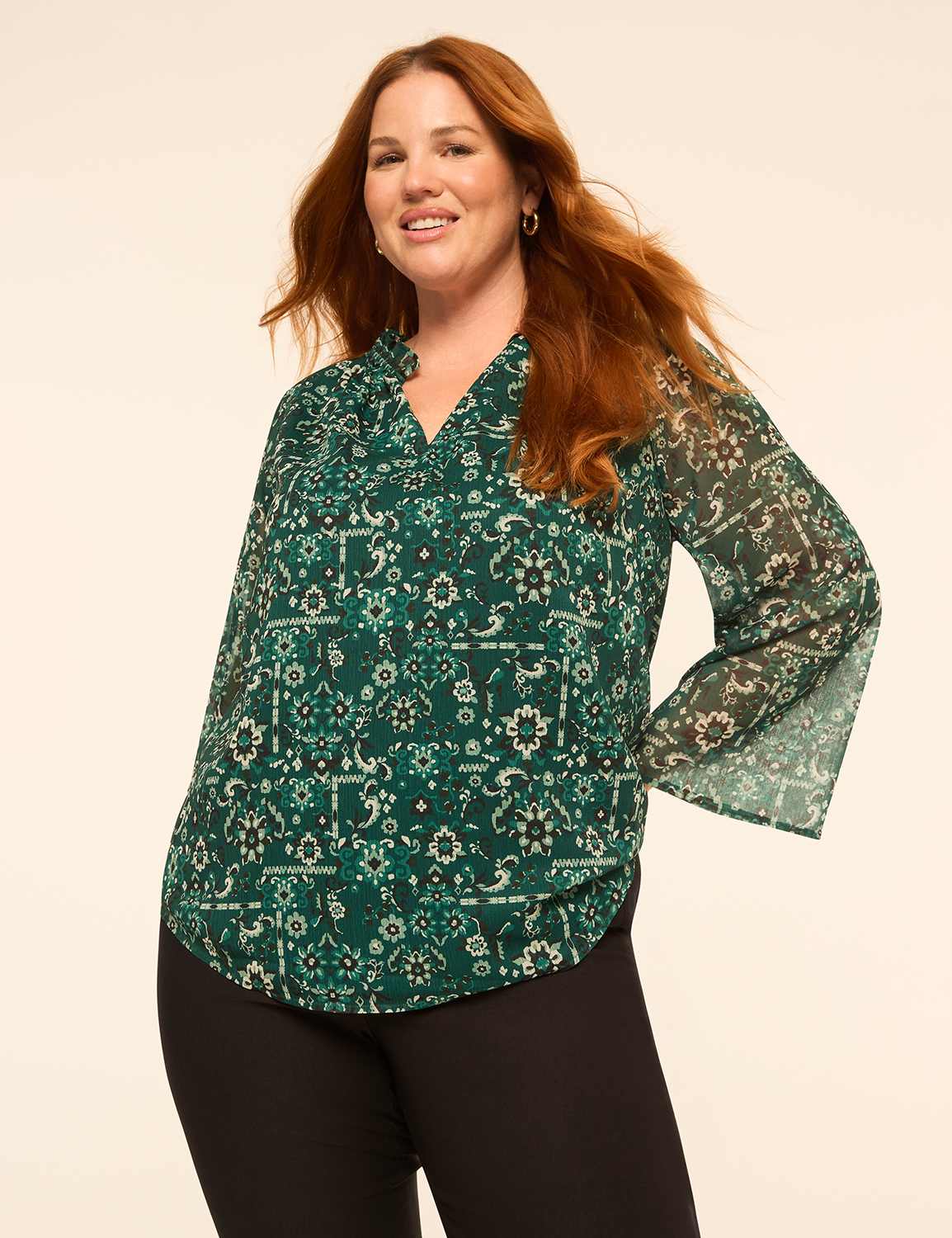 Bracelet-Sleeve Split-Neck Popover Top
