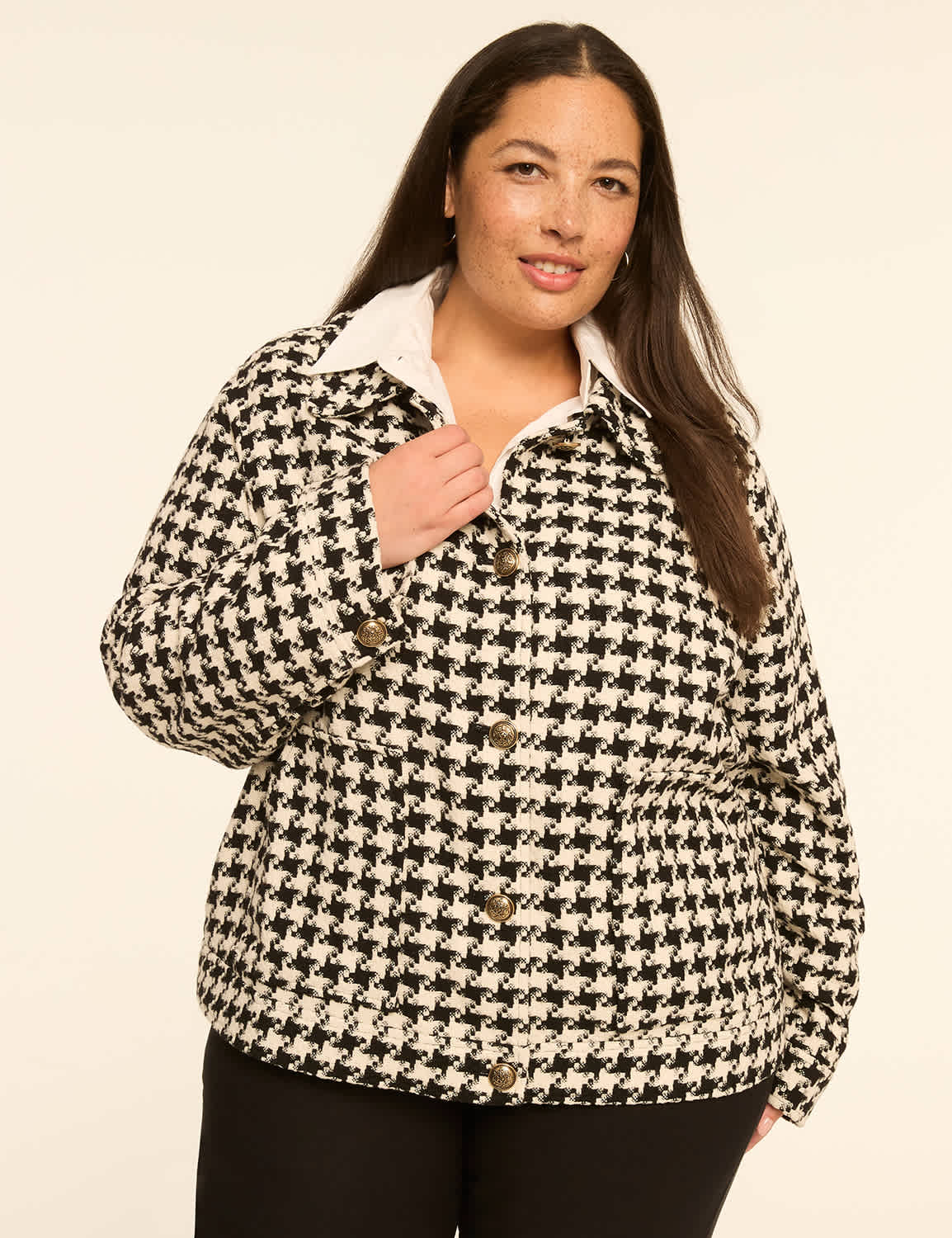Houndstooth Button-Front Tweed Jacket