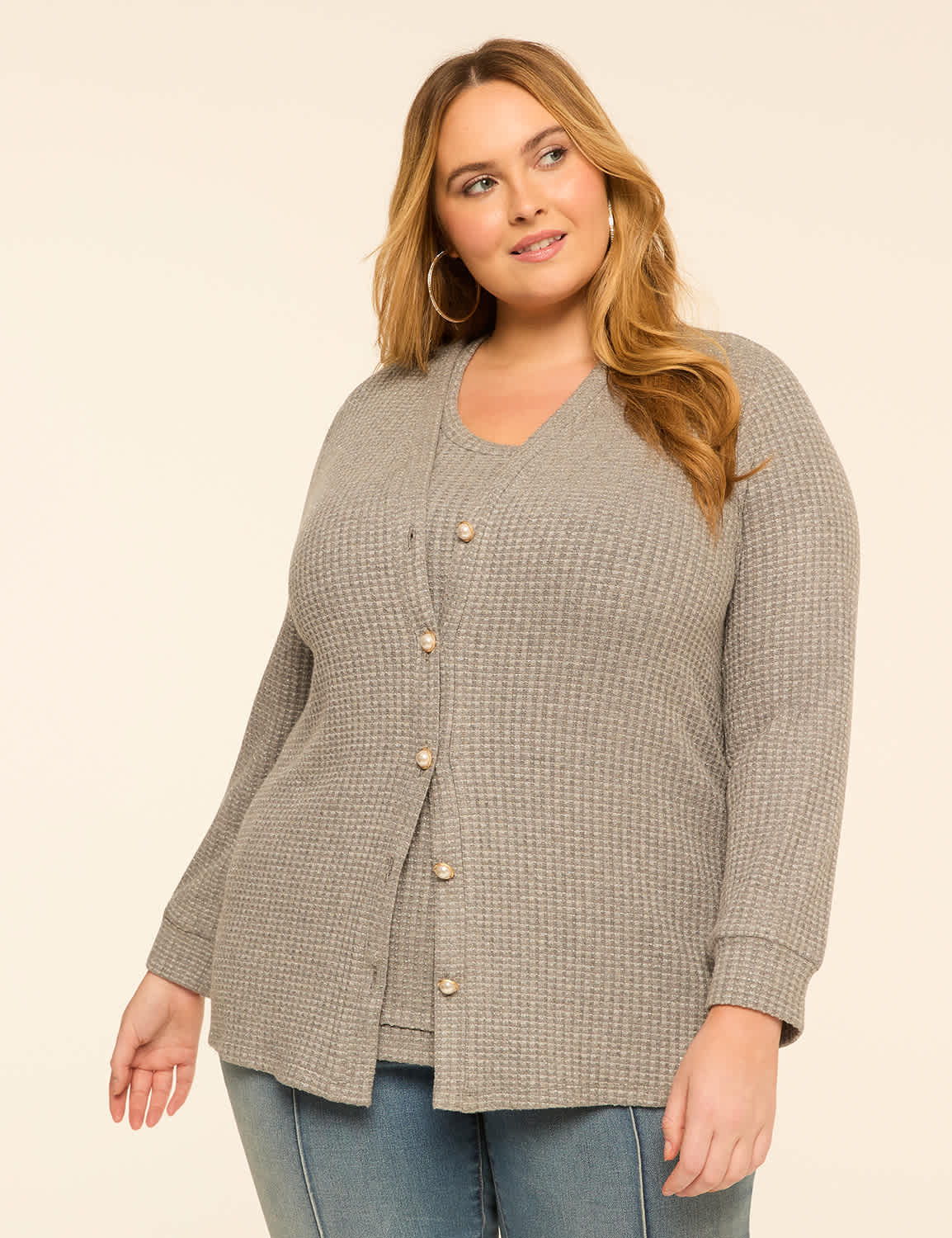 Shimmer Brushed Waffle Button-Front Cardigan