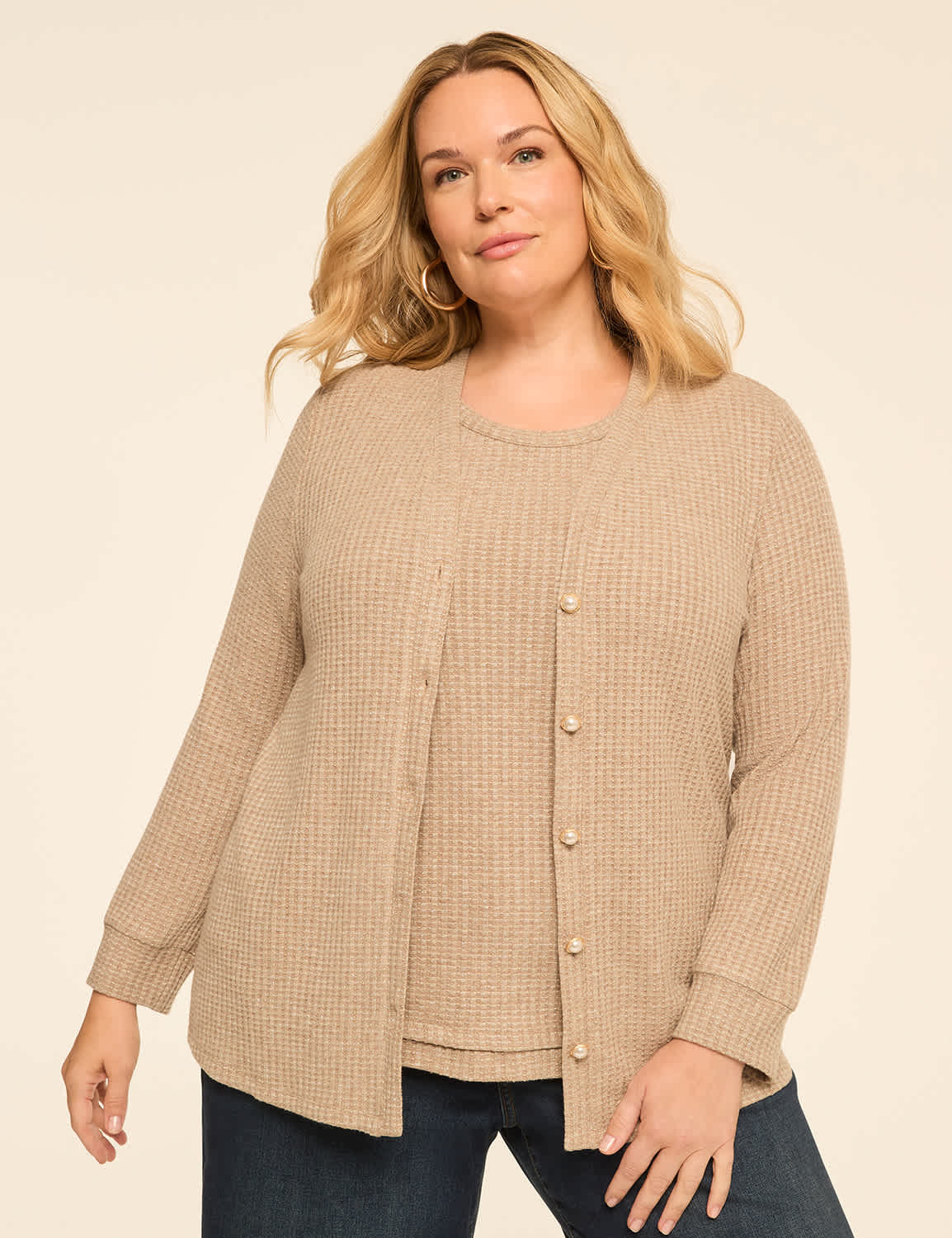 Shimmer Brushed Waffle Button-Front Cardigan