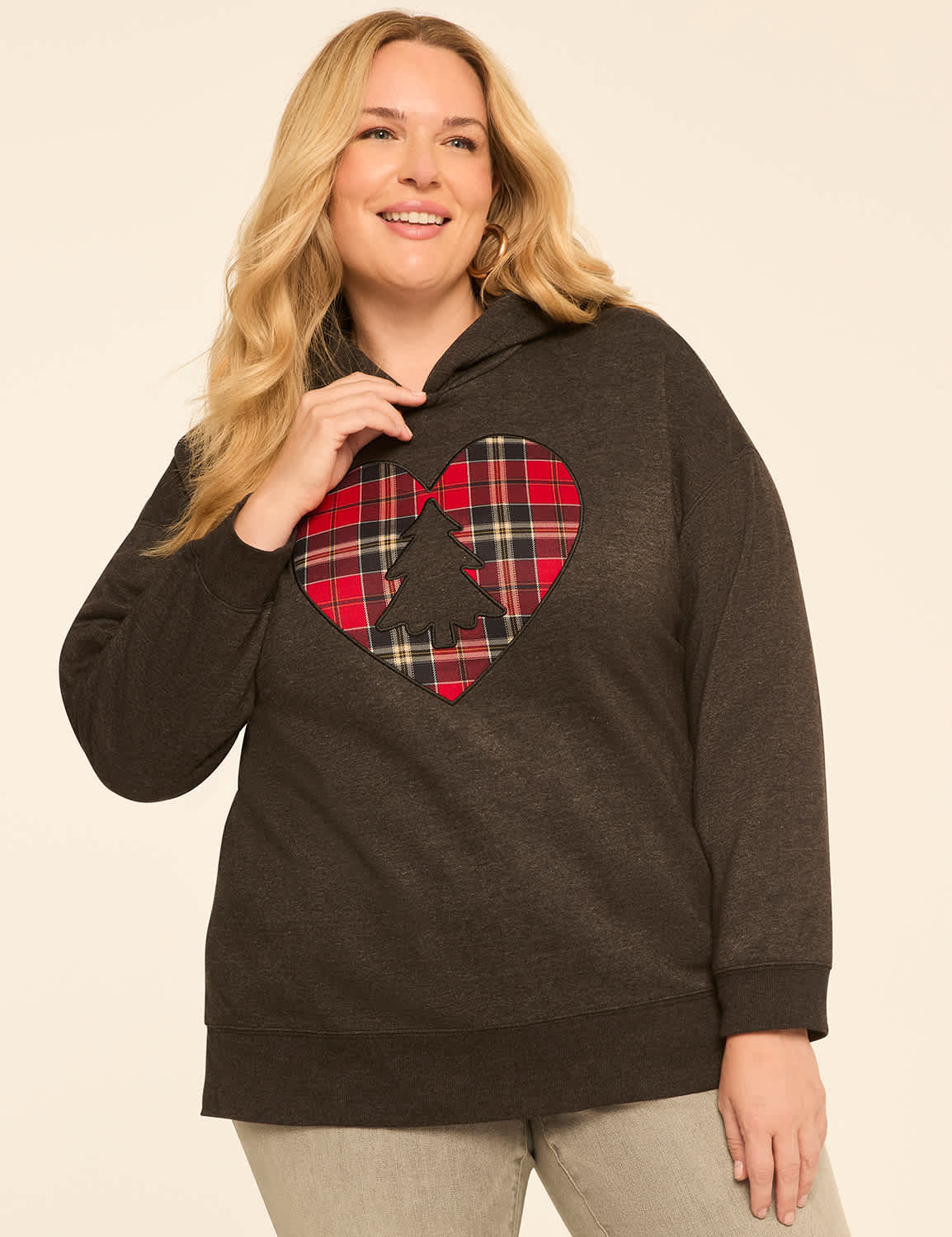 Embroidered Plaid Heart & Tree Graphic Hoodie