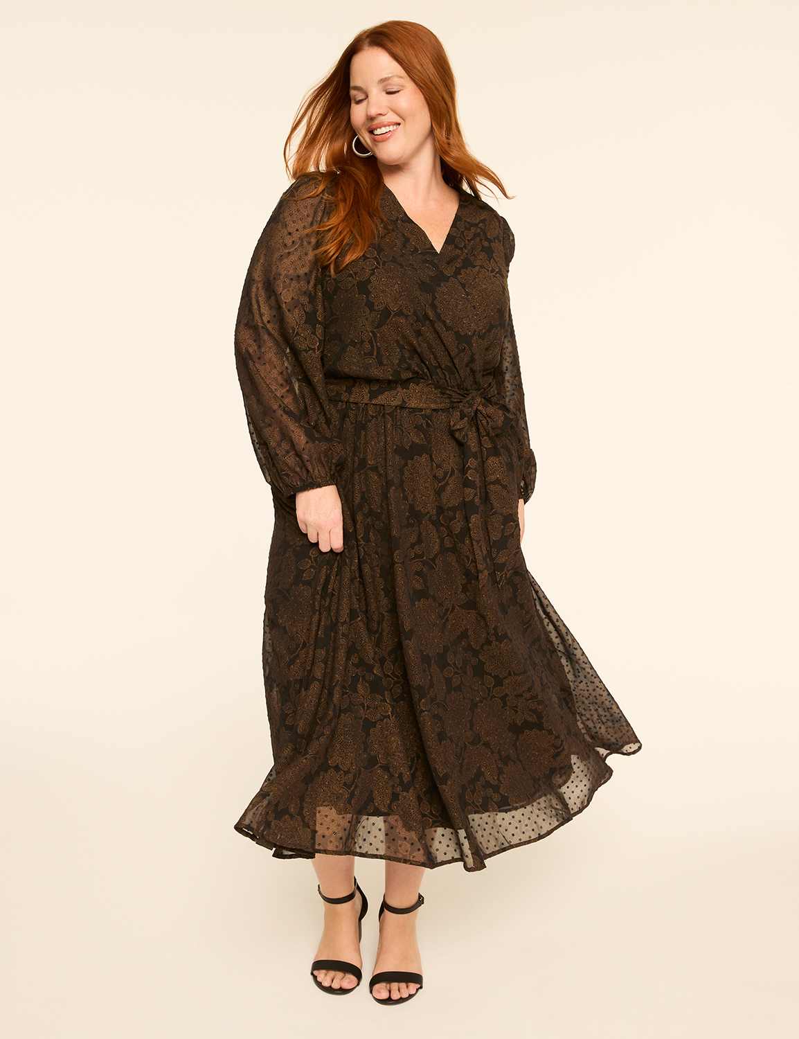 Clip Dot Faux-Wrap Chiffon Maxi Dress