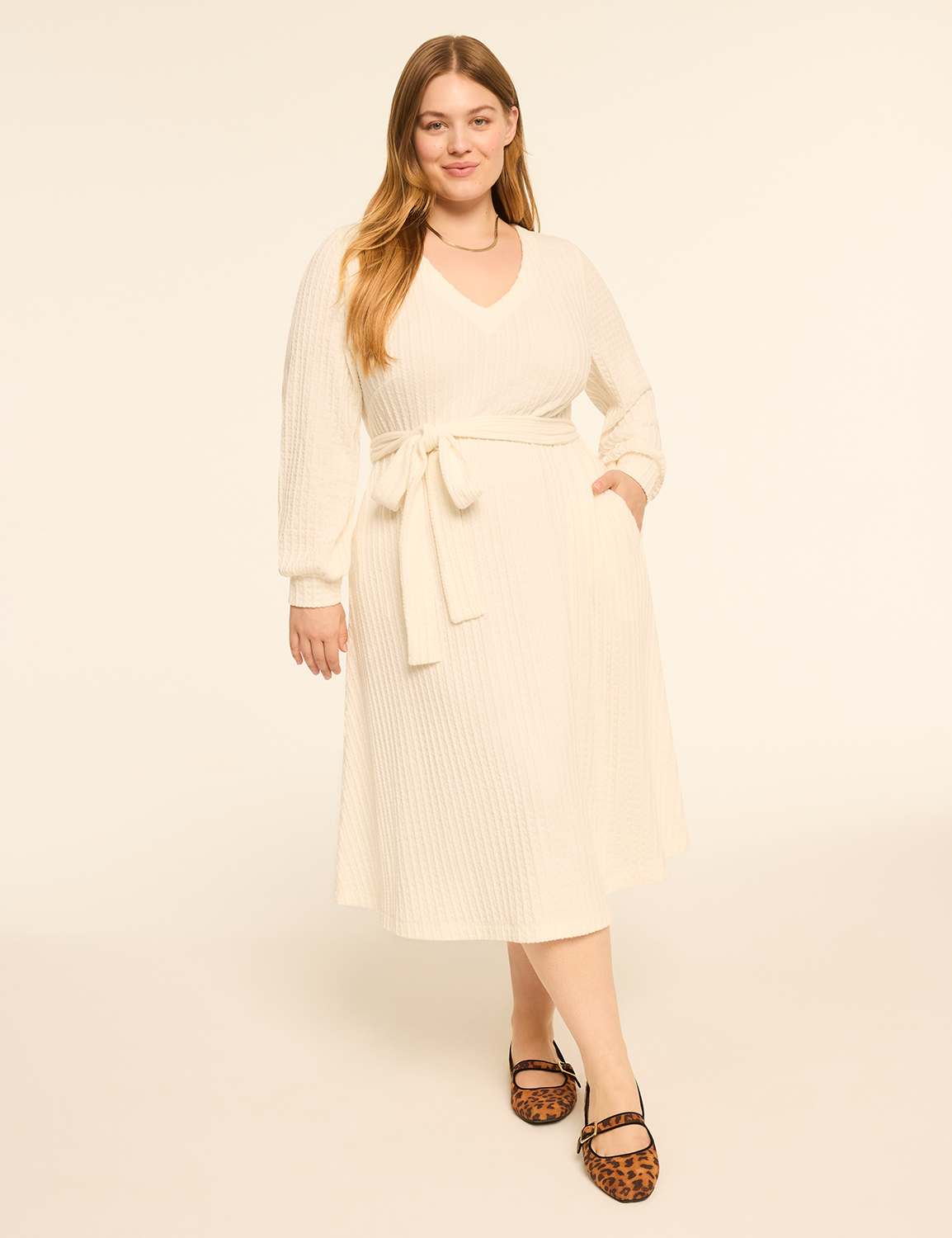 V-Neck Tie-Waist Cable Knit Dress