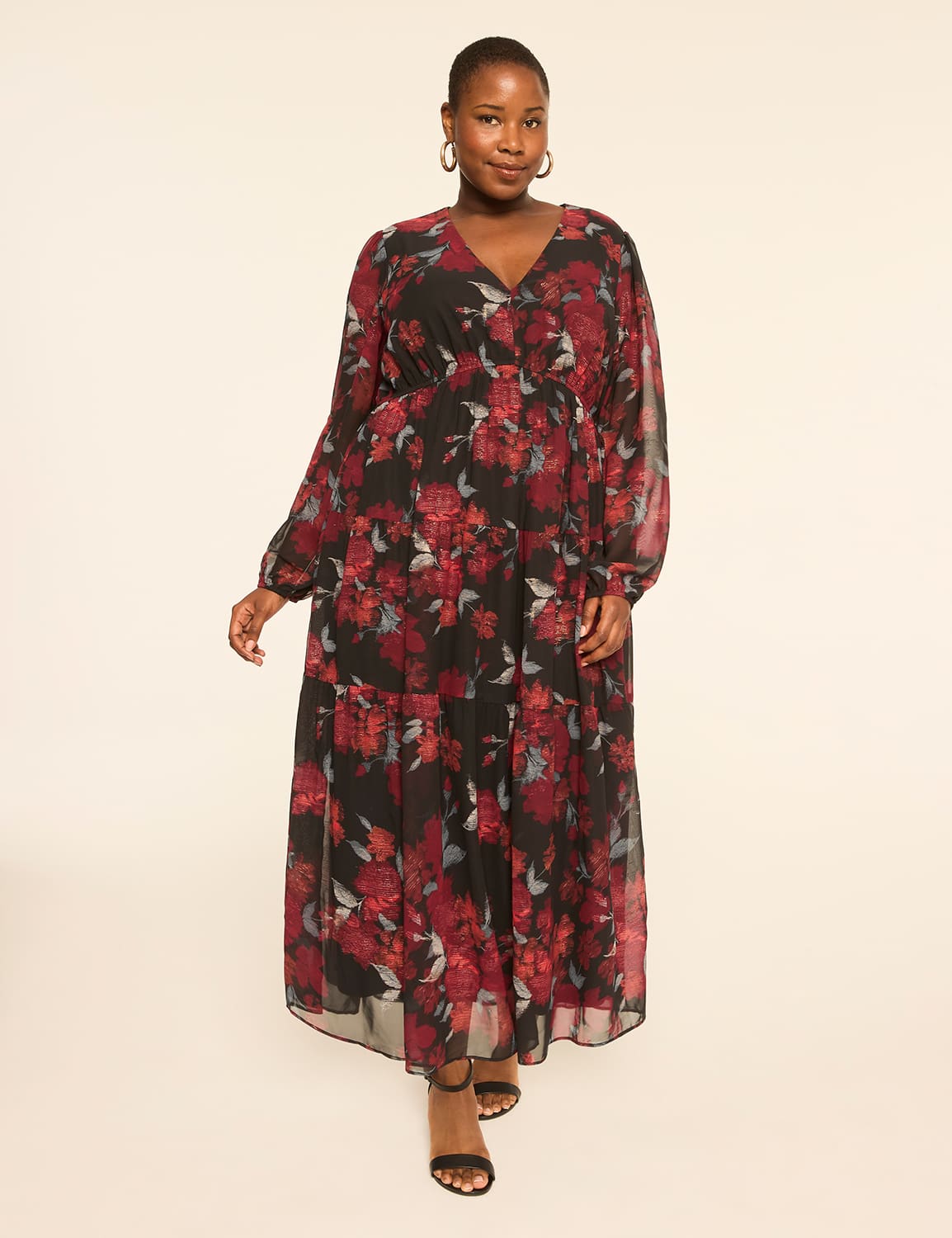 Shimmer Long-Sleeve Tiered Maxi Dress