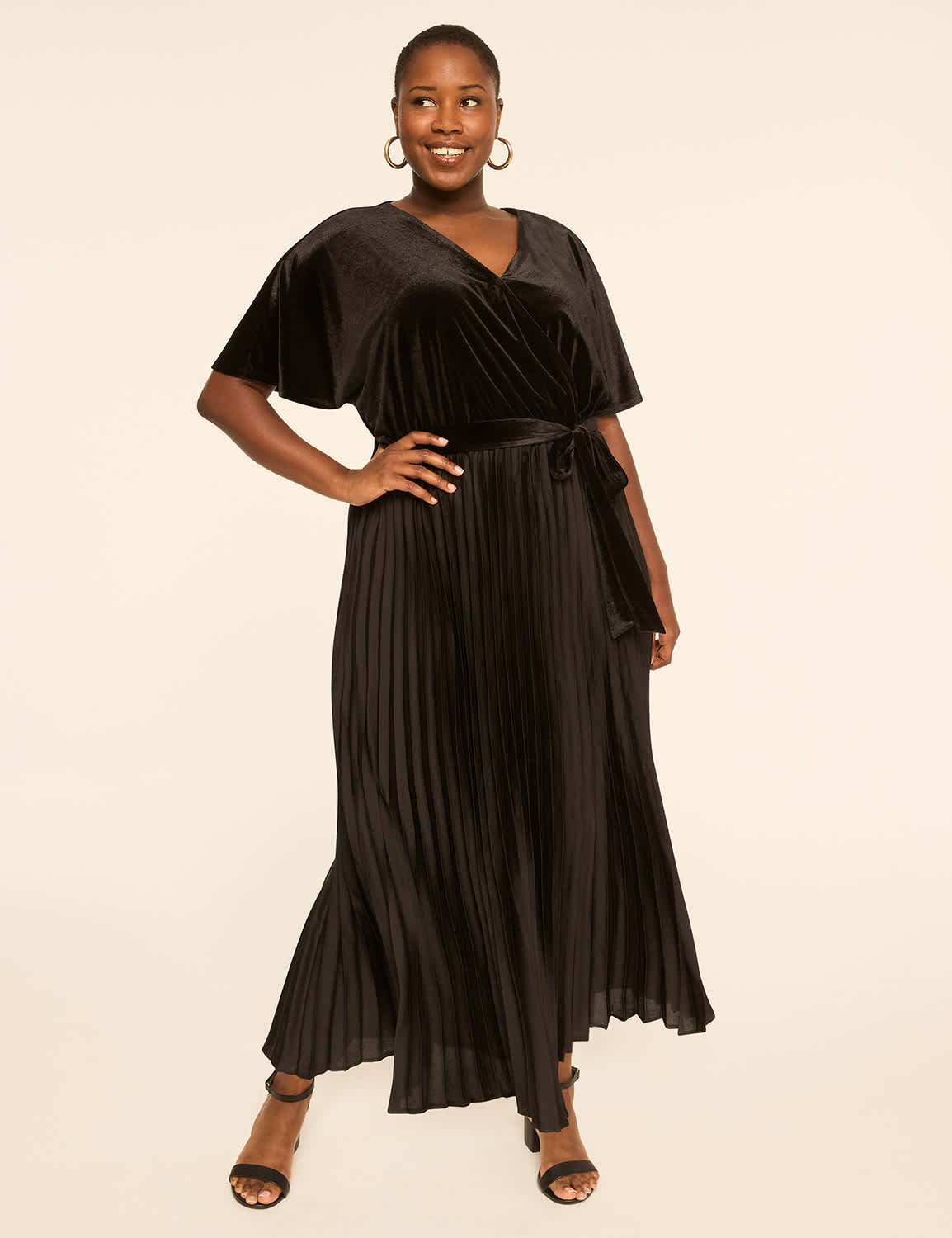 Faux-Wrap Velvet-Bodice Pleated Maxi Dress