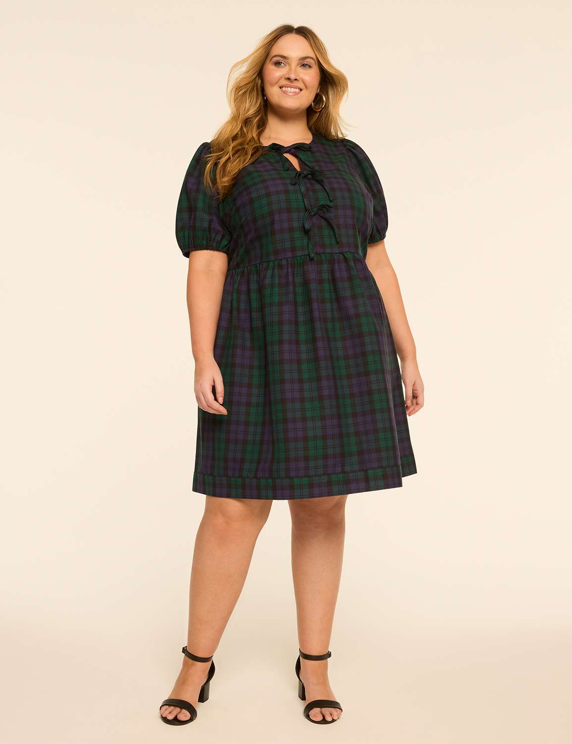 Plaid Puff-Sleeve Bow Dress