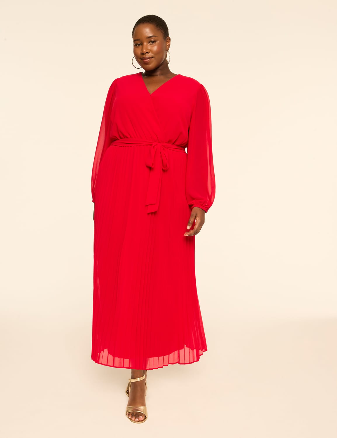 Faux-Wrap Pleated Chiffon Maxi Dress