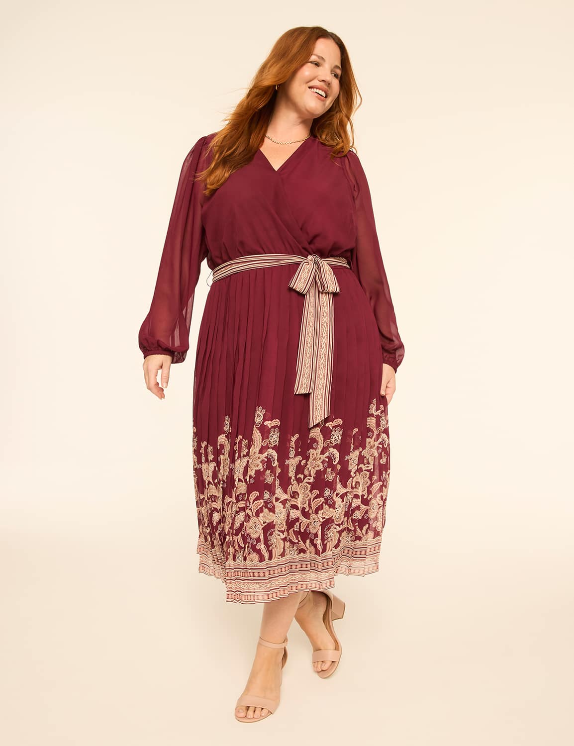 Faux-Wrap Pleated Maxi Dress