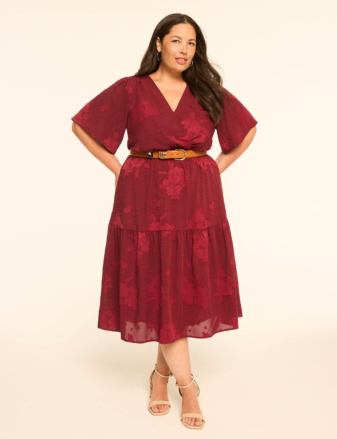 Flutter-Sleeve Faux-Wrap Tiered Midi Dress