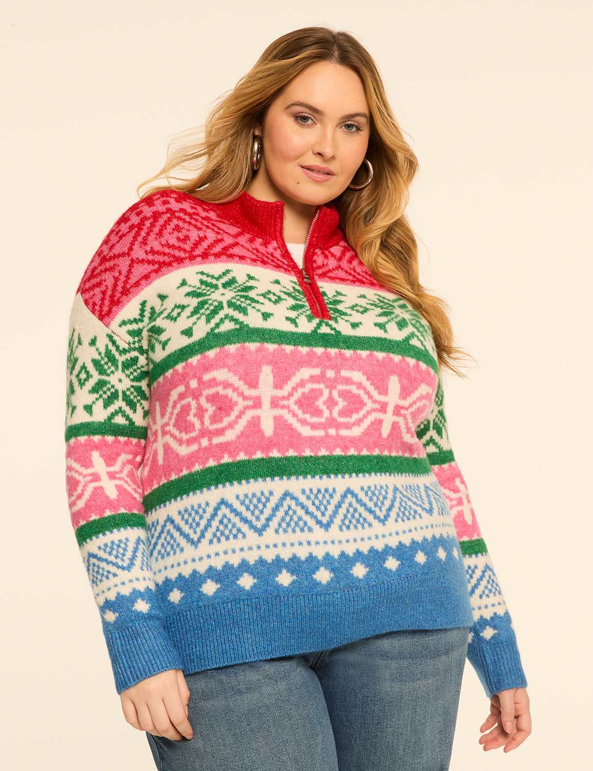 Quarter-Zip Fair Isle Pullover Sweater