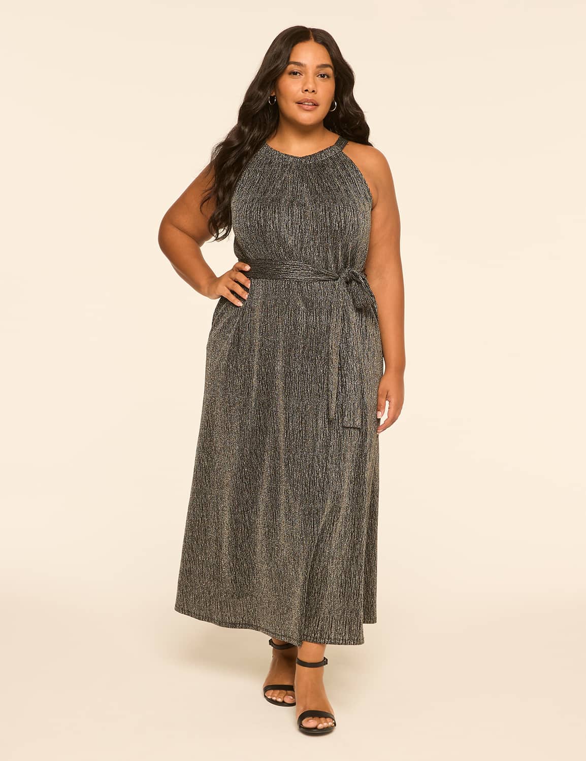 Metallic High-Neck Tie-Waist Maxi Dress