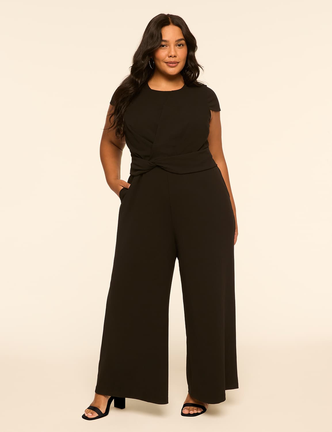 Cap-Sleeve Twist-Front Wide Leg Jumpsuit