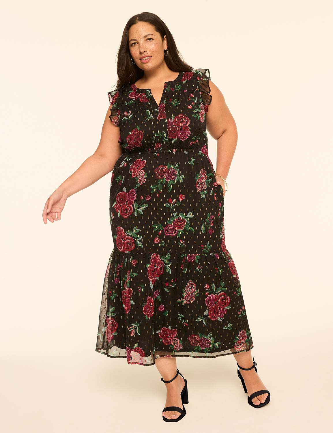 Metallic Clip Dot Flounce Maxi Dress