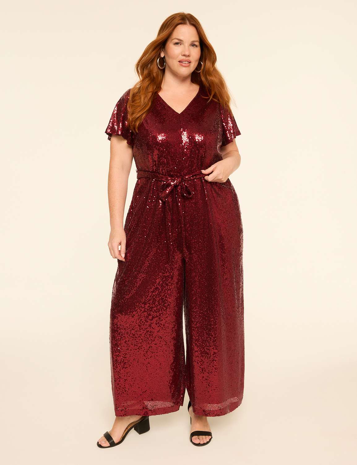 Sequin Flutter-Sleeve Wide Leg Jumpsuit