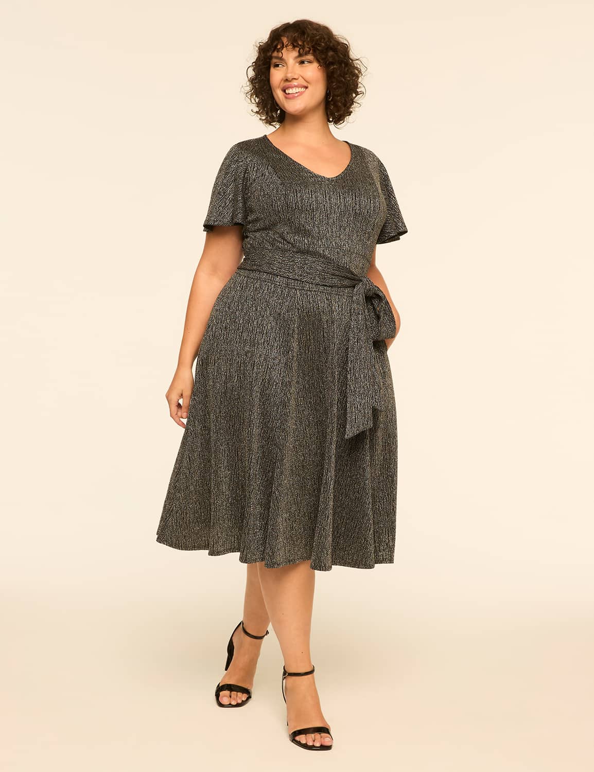Metallic Flutter-Sleeve Midi Dress