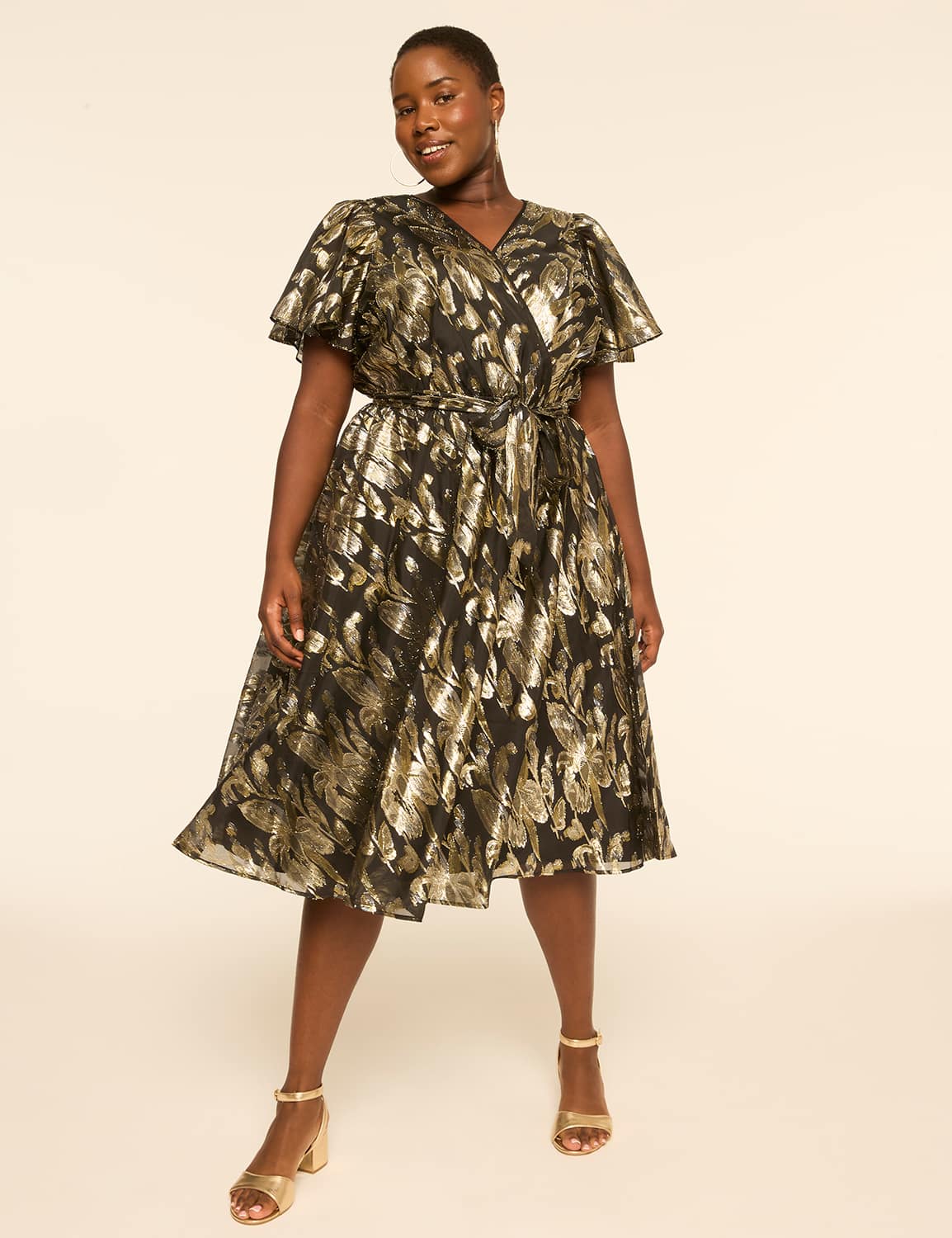 Foiled Faux-Wrap Tie-Waist Midi Dress