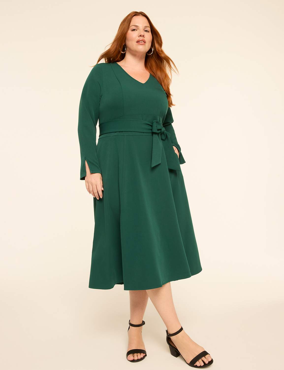 Lena Long-Sleeve V-Neck Midi Dress