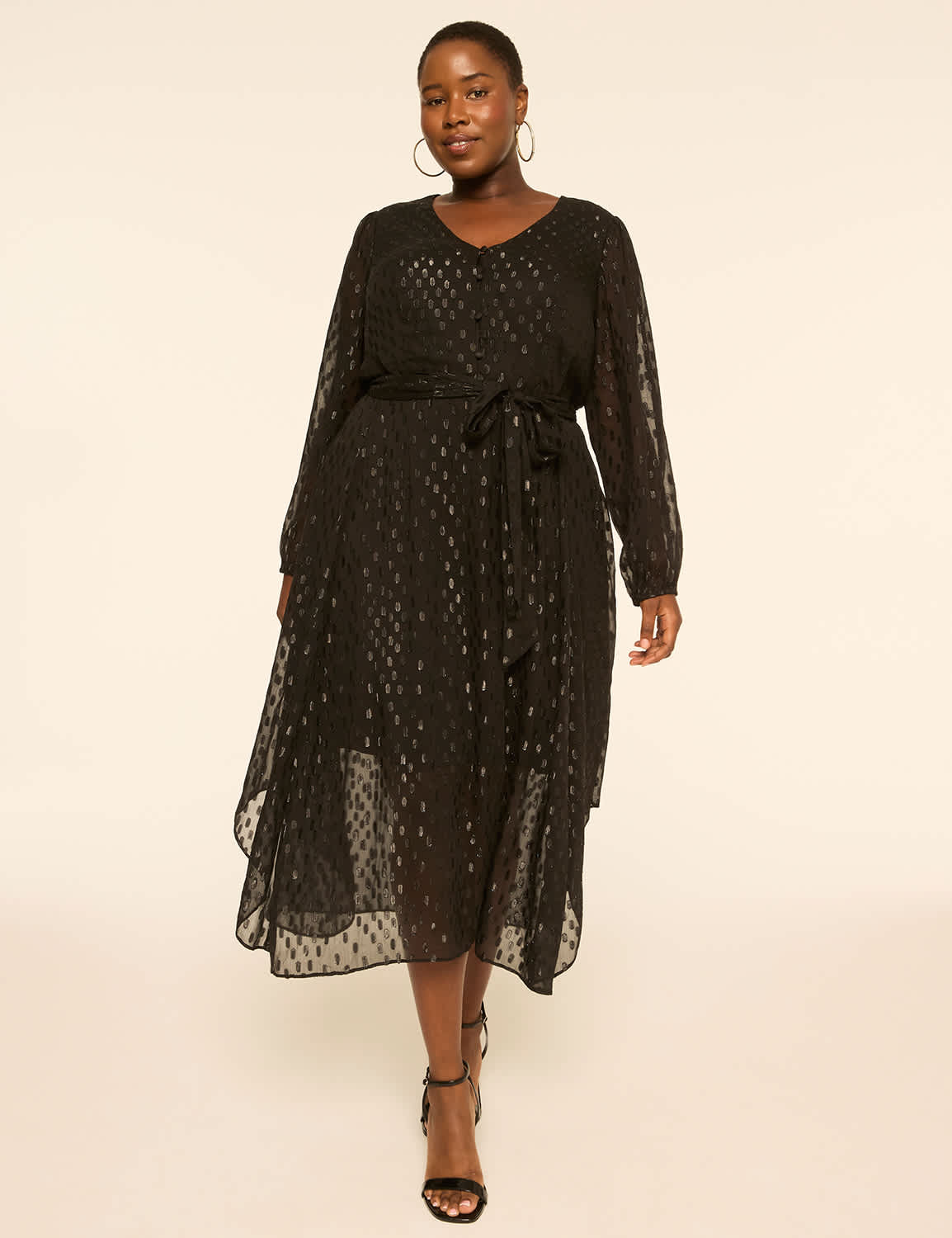 Metallic Clip Dot Asymmetrical-Hem Maxi Dress