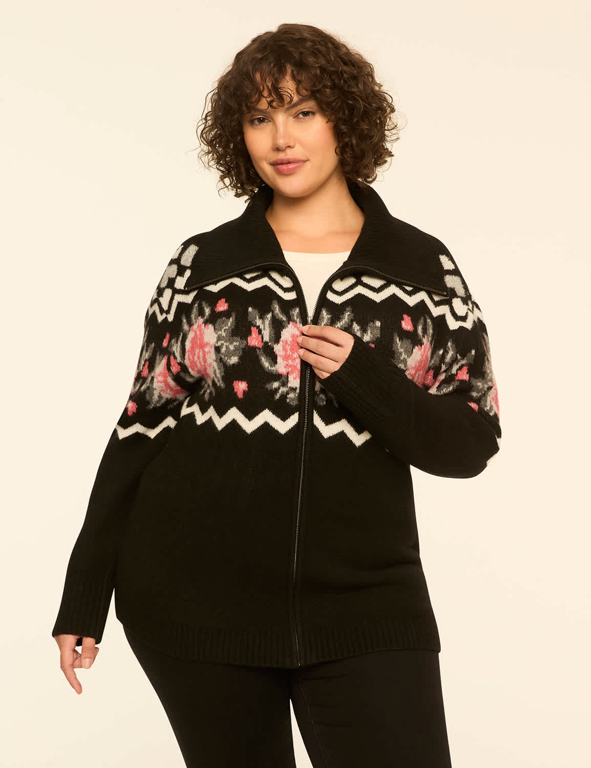 Floral Full-Zip Sweater