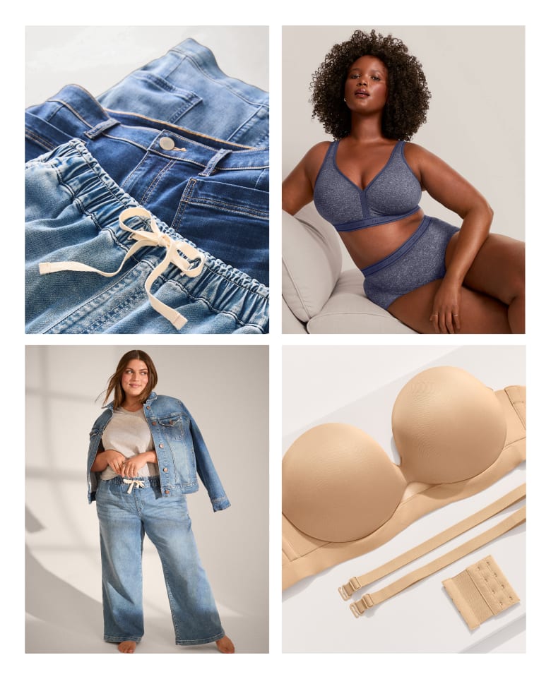 Denim shorts and jeans are in the foreground of the top left and bottom left panels, while a woman in lingerie and a strapless bra are in the foreground of the top right and bottom right panels, respectively.