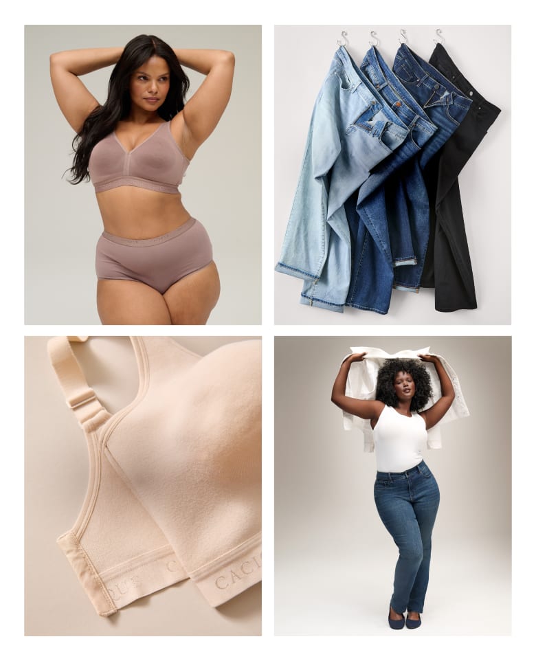 A woman in a mauve bralette and shorts poses with her hands behind her head in the top left, while several pairs of jeans hang in the top right, a close-up of two beige bras is in the bottom left, and a woman in a white tank top and blue jeans holds a white shirt above her head in the bottom right.